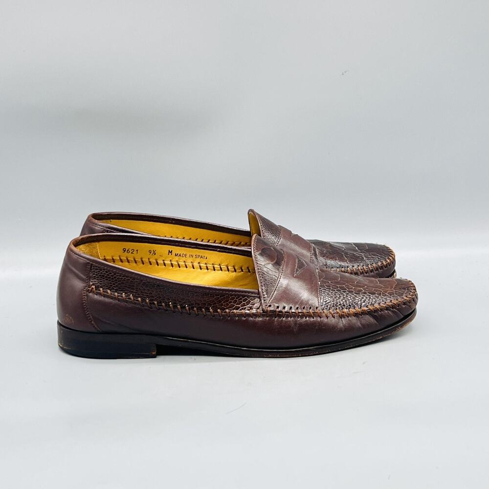 Enrico Shoes Men 9.5 Brown Ostrich Leather Penny Loafers Slip On Dress Moc Toe